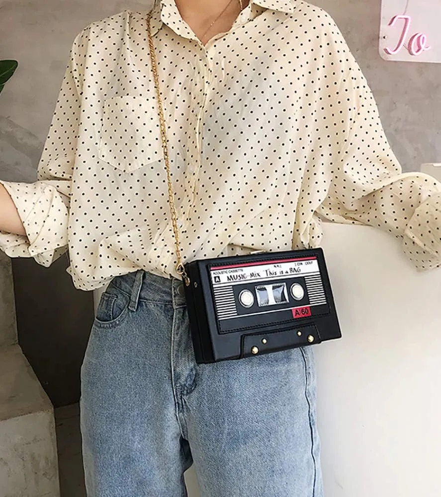 QZUnique Tape Shaped Shoulder Bag Radio Recorder PU Crossbody Bag Women's Retro Evening Bag Handbag Clutch Purse