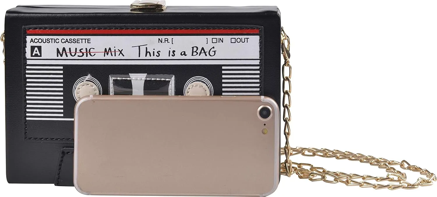 QZUnique Tape Shaped Shoulder Bag Radio Recorder PU Crossbody Bag Women's Retro Evening Bag Handbag Clutch Purse