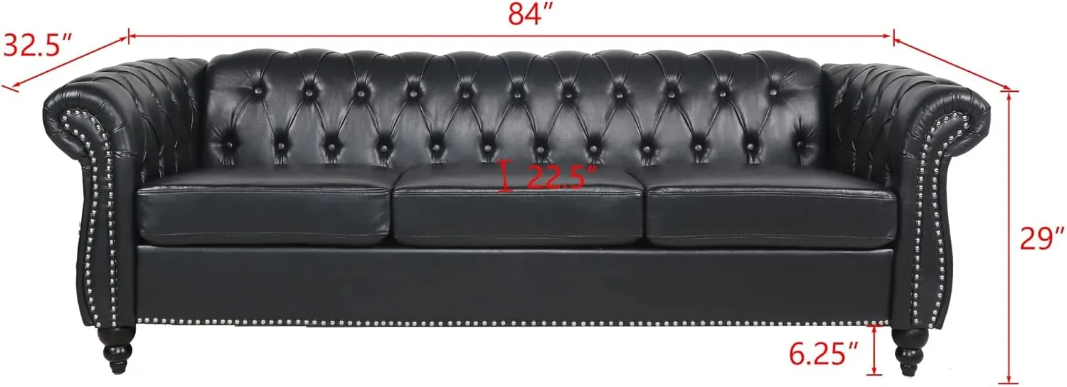RARZOE Modern 3 Seater PU Chesterfield Sofa, Upholstered Tufted Button Leather Chesterfield Couch, Classic Faux Leather Settee with Nailhead Trim Scroll Arms for Living Room Bedroom(Black)