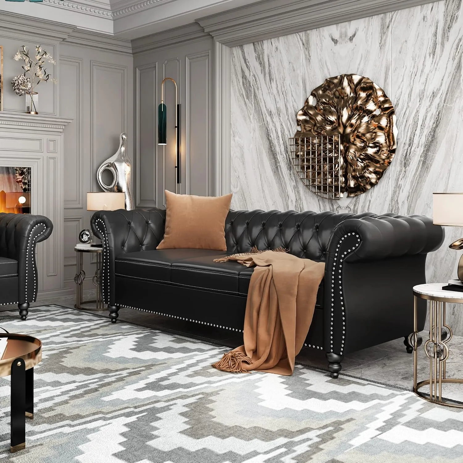 RARZOE Modern 3 Seater PU Chesterfield Sofa, Upholstered Tufted Button Leather Chesterfield Couch, Classic Faux Leather Settee with Nailhead Trim Scroll Arms for Living Room Bedroom(Black)