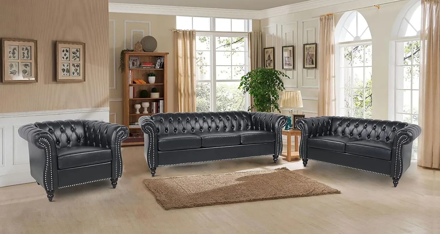 RARZOE Modern 3 Seater PU Chesterfield Sofa, Upholstered Tufted Button Leather Chesterfield Couch, Classic Faux Leather Settee with Nailhead Trim Scroll Arms for Living Room Bedroom(Black)