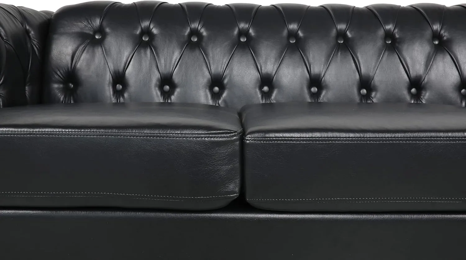 RARZOE Modern 3 Seater PU Chesterfield Sofa, Upholstered Tufted Button Leather Chesterfield Couch, Classic Faux Leather Settee with Nailhead Trim Scroll Arms for Living Room Bedroom(Black)