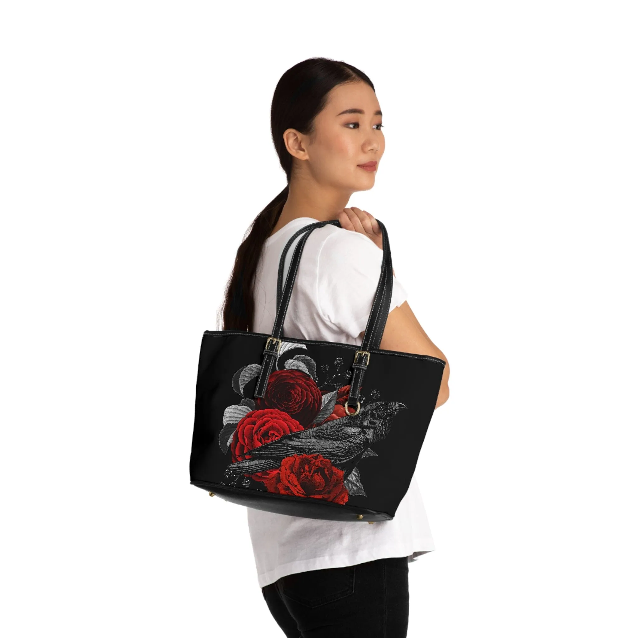 Raven Floral Red Roses Tote Bag