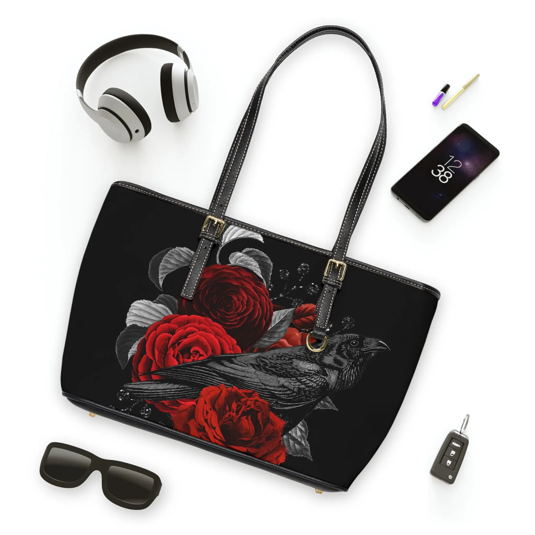 Raven Floral Red Roses Tote Bag