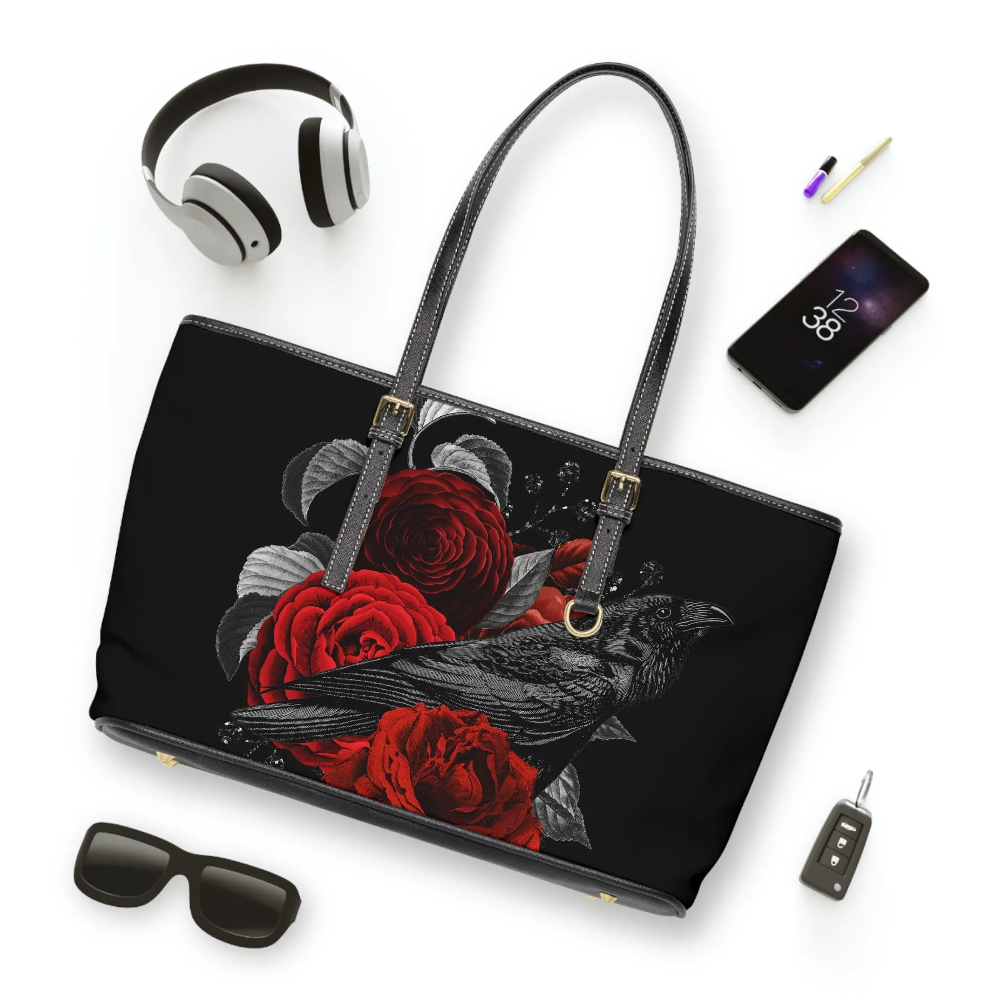 Raven Floral Red Roses Tote Bag