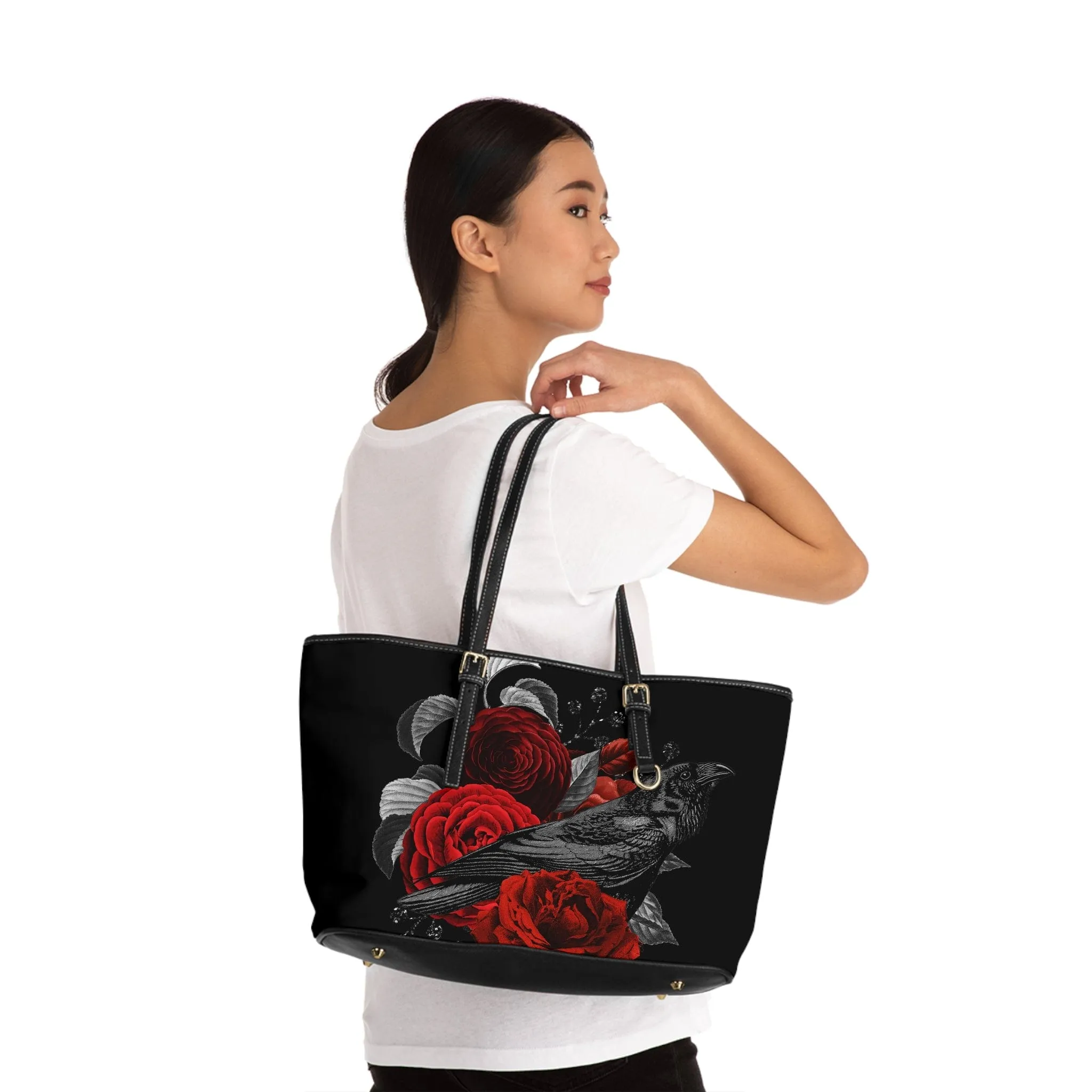 Raven Floral Red Roses Tote Bag