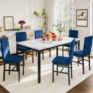 Recaceik Dining Table Set for 6, Faux Marble 7 Piece Dining Table Set with Chairs, Kitchen Table Set with Velvet Dining Chairs for Small Space & Breakfast Nook, Blue