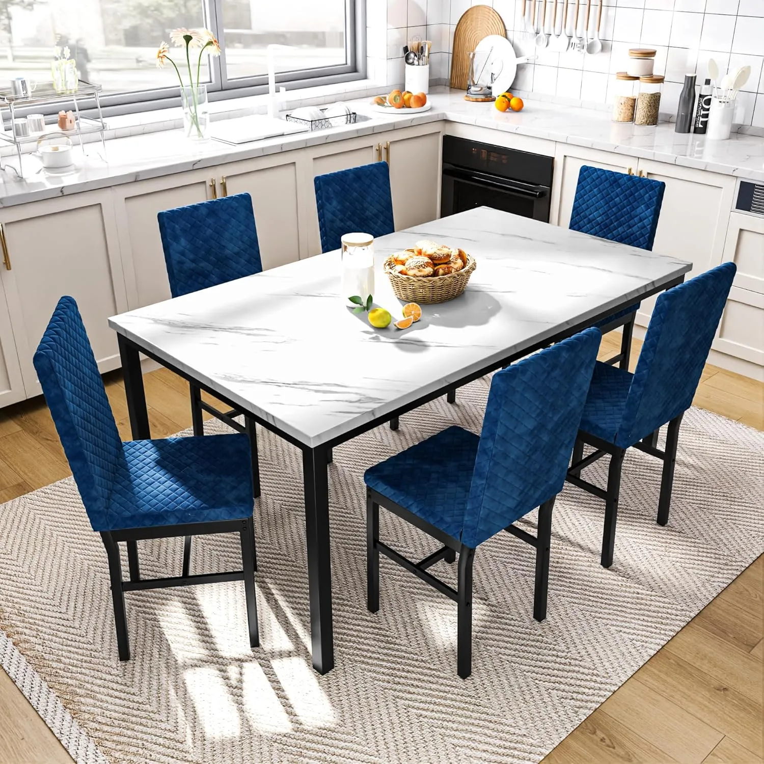 Recaceik Dining Table Set for 6, Faux Marble 7 Piece Dining Table Set with Chairs, Kitchen Table Set with Velvet Dining Chairs for Small Space & Breakfast Nook, Blue