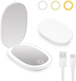 Rechargeable Travel Mirror with LED Lights, 3 Color Lighting, Adjustable Brightness, Dual Side Magnification (1x/3x), Portable Handheld Makeup Mirror for Home & Travel Use