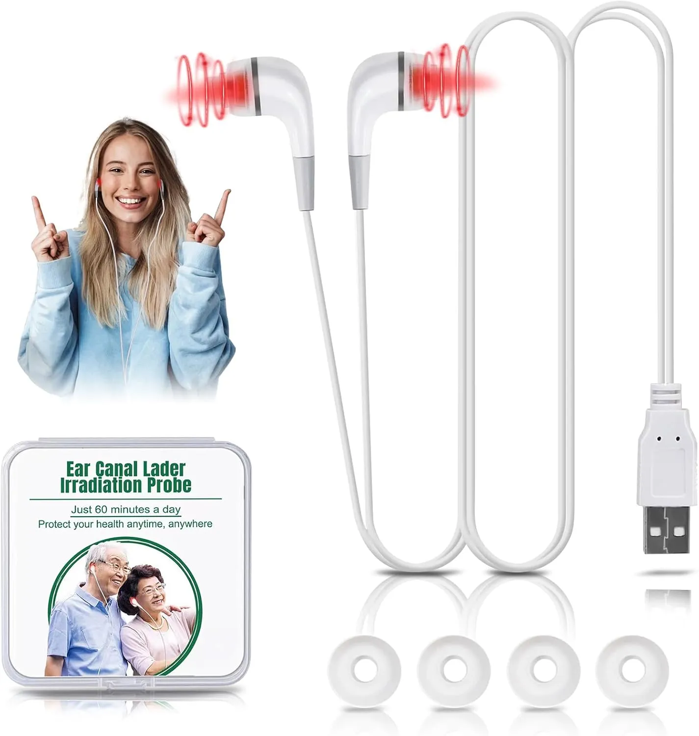Red Light Alleviation for Ears, USB 650nm Portable Red Light Ear Alleviation Device, 650NM Red Light Ear Alleviation Device with Two Pairs of Ear Canal Silicon (White)