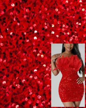 Red Velvet Fabric, Red Sequin Velvet by the Yard, Luxury Fashion Fabric, Stretch Shiny Fabric, Modern Shiny Fabric for Dresses