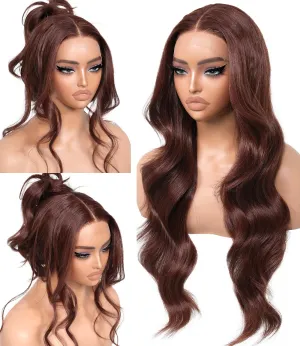 Reddish Brown Body Wave Glueless Wigs With Bangs Synthetic Lace Front Wigs Pre Plucked Pre Cut HD Lace 13x5x1 Middle Part Wigs For Woman 26 Inch