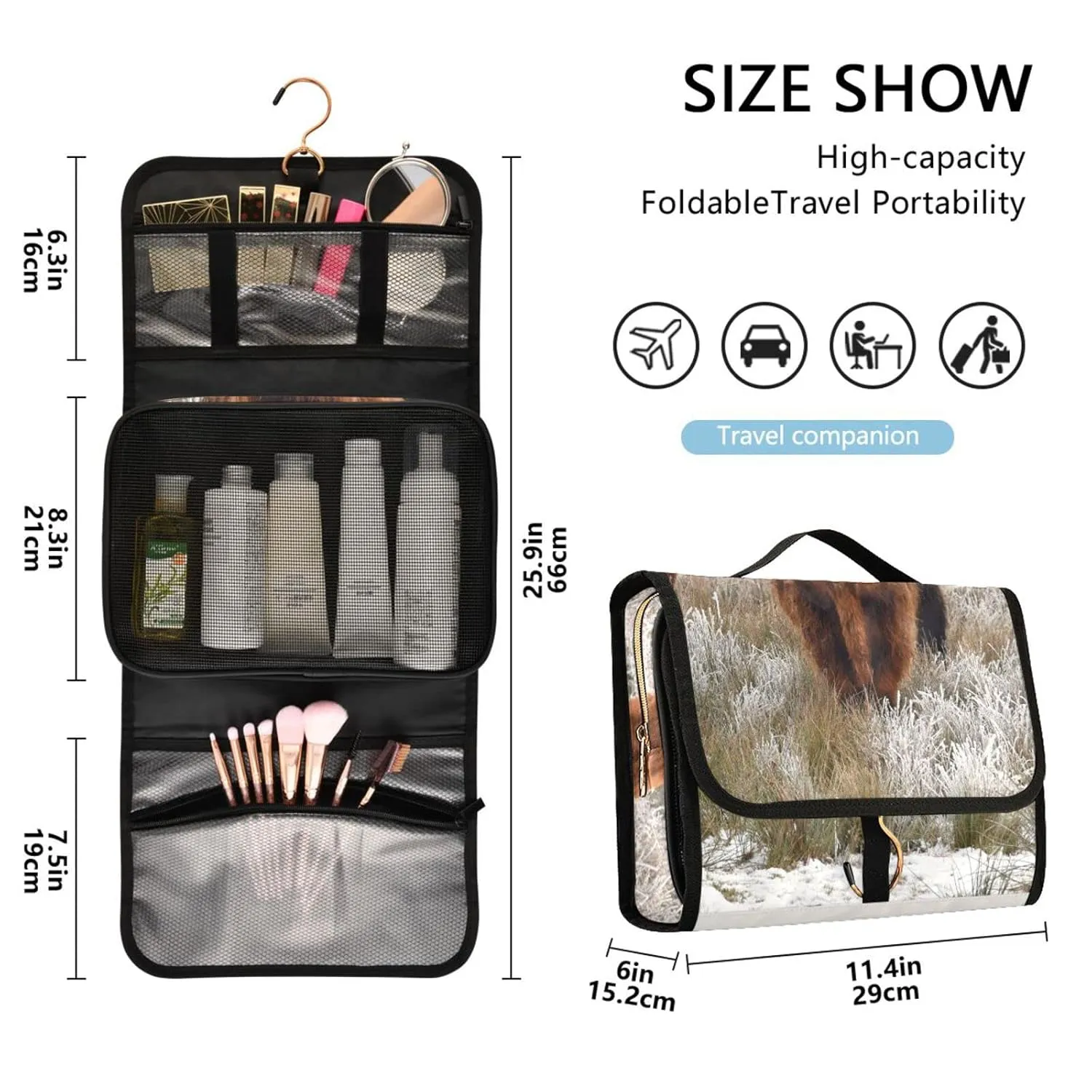Reddish Brown Scottish Highland Crowd Natural White Winter Landscape 1 PC Hanging Toiletry Wash bag Portable Makeup Organizer Brush Storage Case Portable Travel Cosmetic with Hook