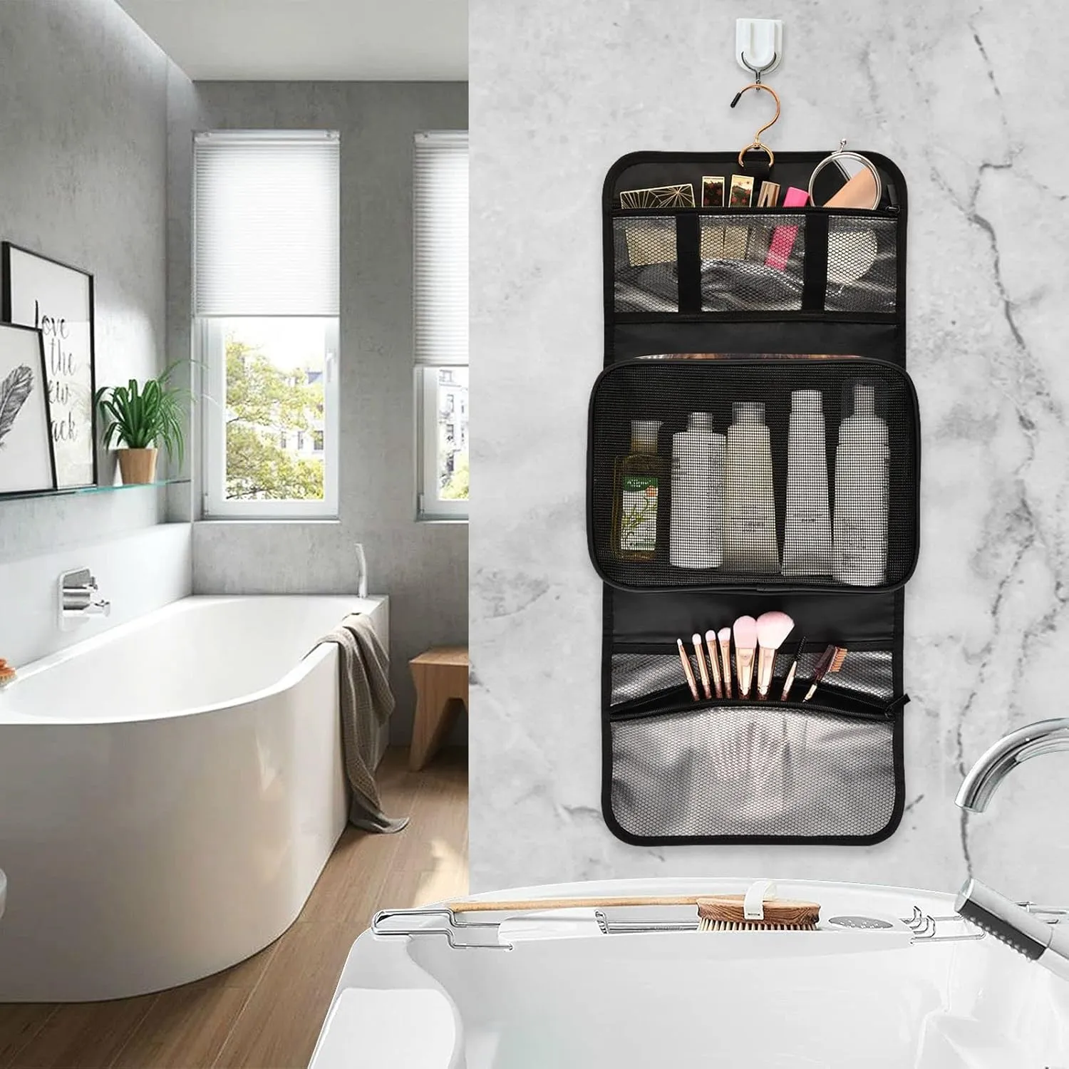 Reddish Brown Scottish Highland Crowd Natural White Winter Landscape 1 PC Hanging Toiletry Wash bag Portable Makeup Organizer Brush Storage Case Portable Travel Cosmetic with Hook