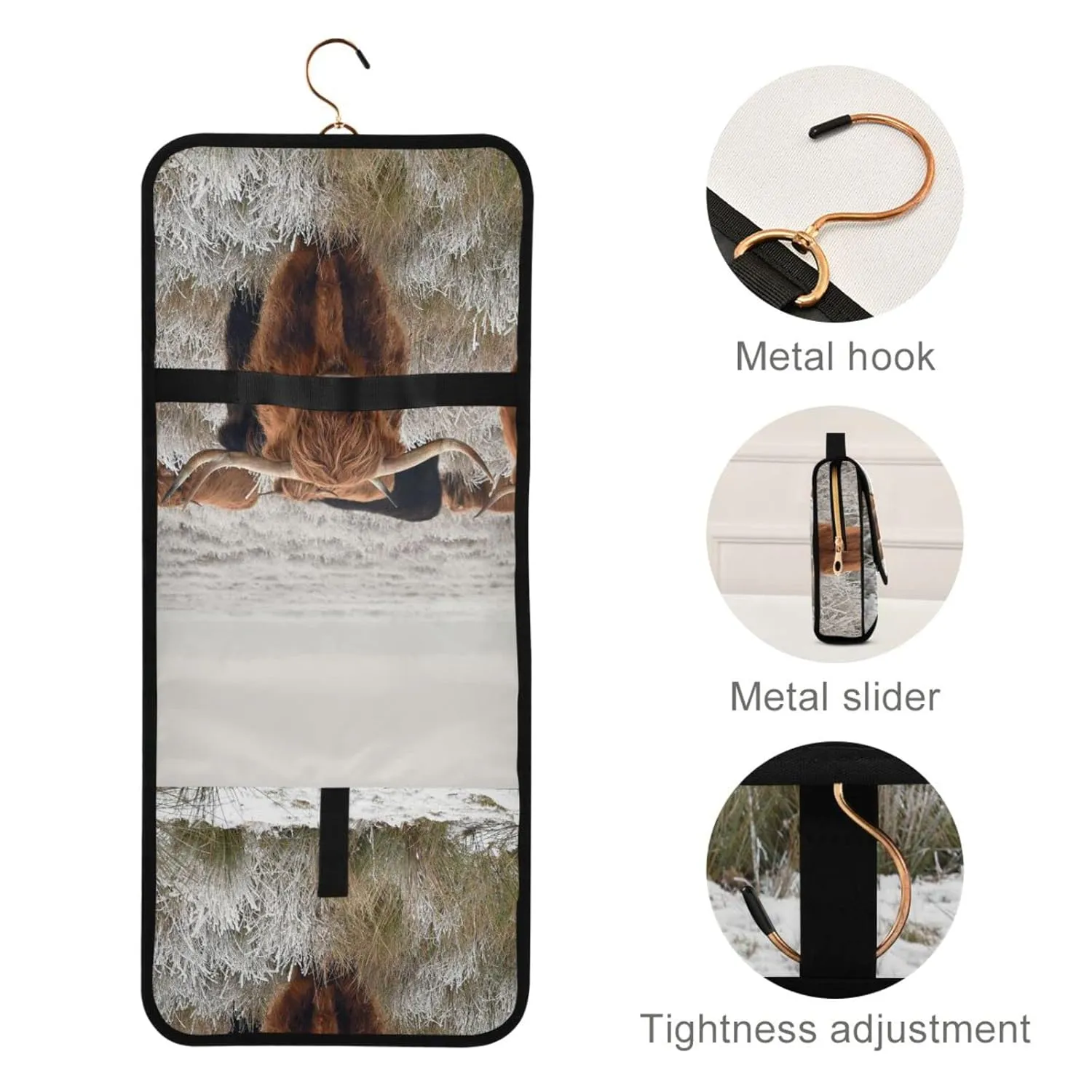 Reddish Brown Scottish Highland Crowd Natural White Winter Landscape 1 PC Hanging Toiletry Wash bag Portable Makeup Organizer Brush Storage Case Portable Travel Cosmetic with Hook