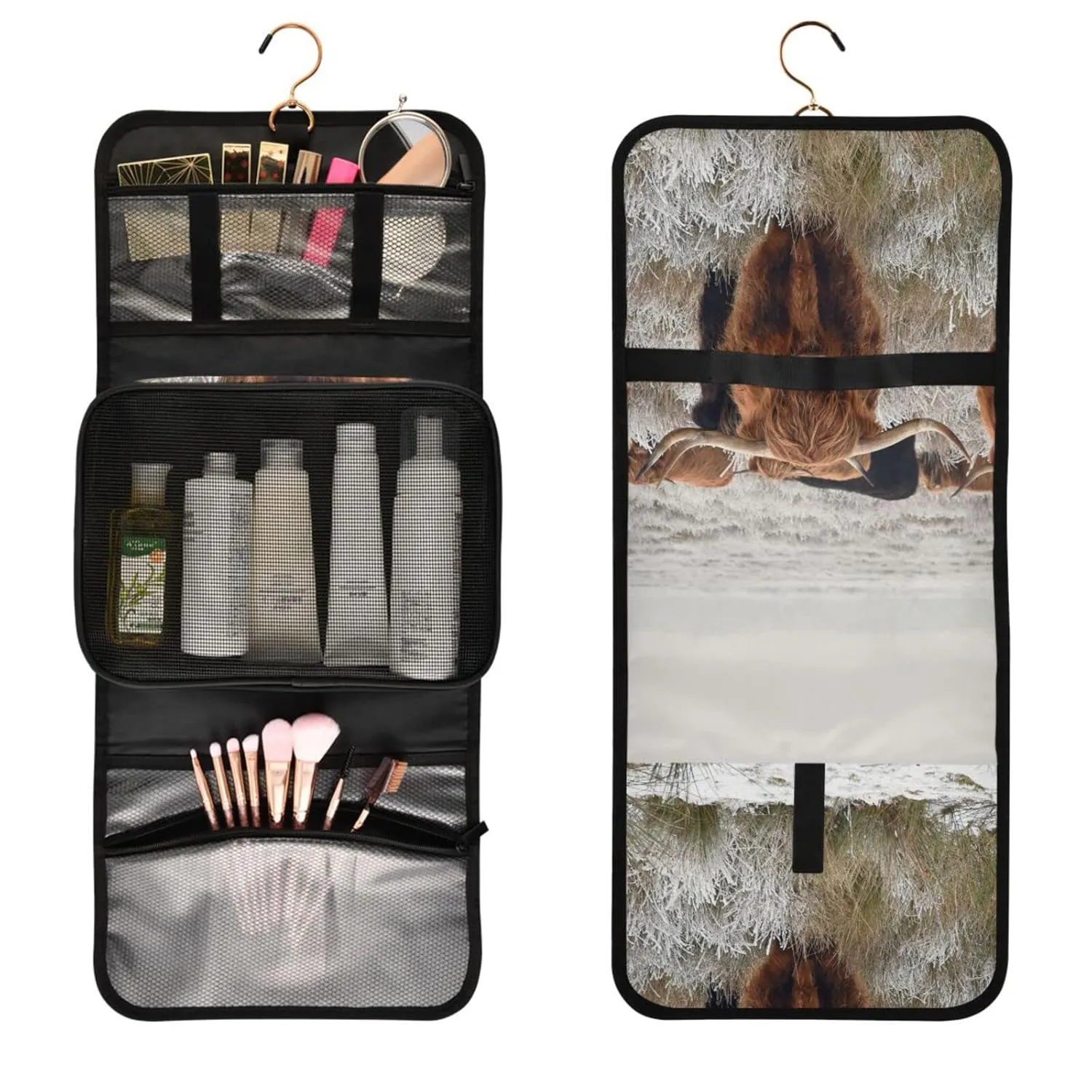 Reddish Brown Scottish Highland Crowd Natural White Winter Landscape 1 PC Hanging Toiletry Wash bag Portable Makeup Organizer Brush Storage Case Portable Travel Cosmetic with Hook