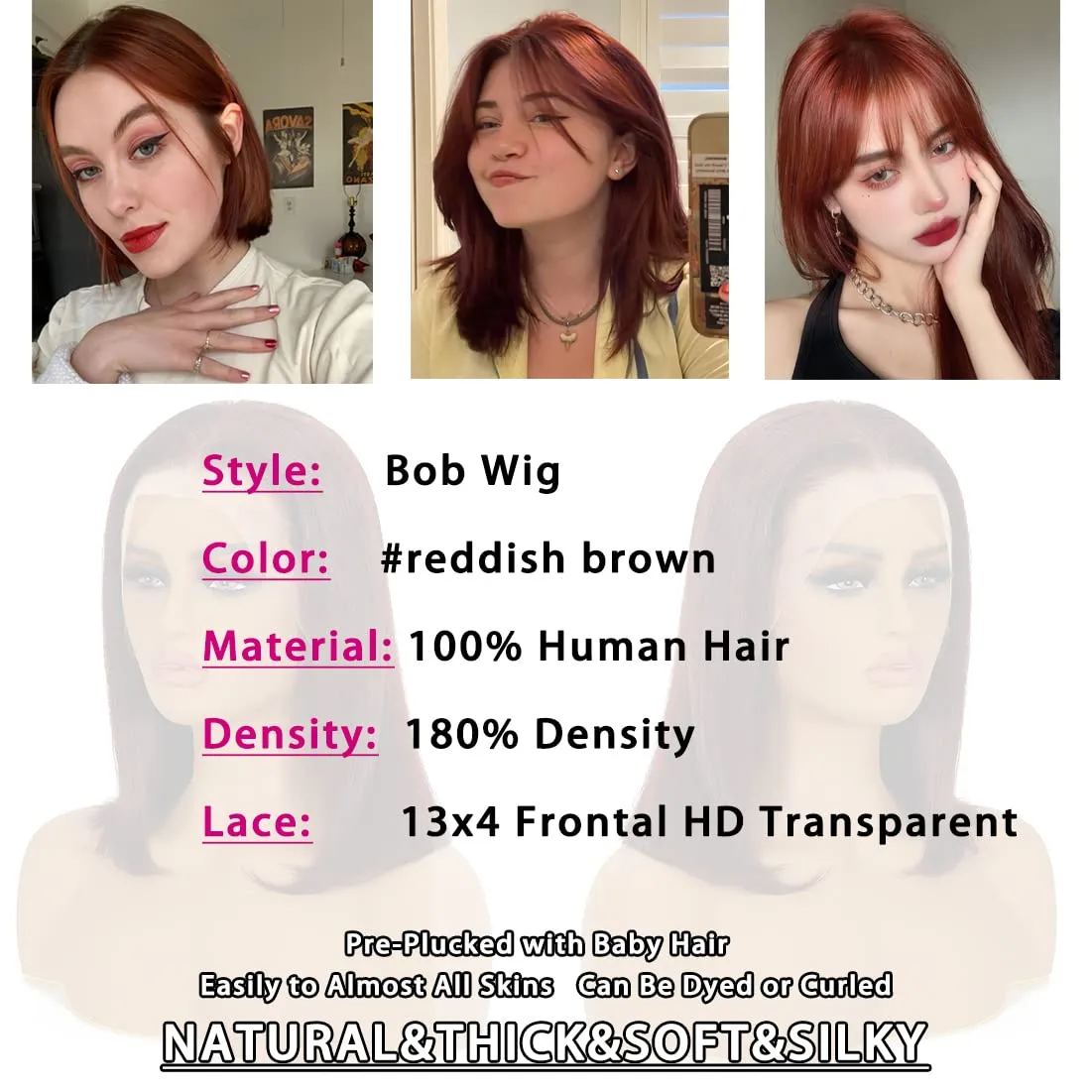 Reddish Brown Short Bob Wig Human Hair Glueless Wigs Human Hair Pre Plucked 12inch Reddish Brown Lace Front Wigs Human Hair 180% Density Straight Lace Front Bob Wig 13x4 Lace Frontal Wig Human Hair