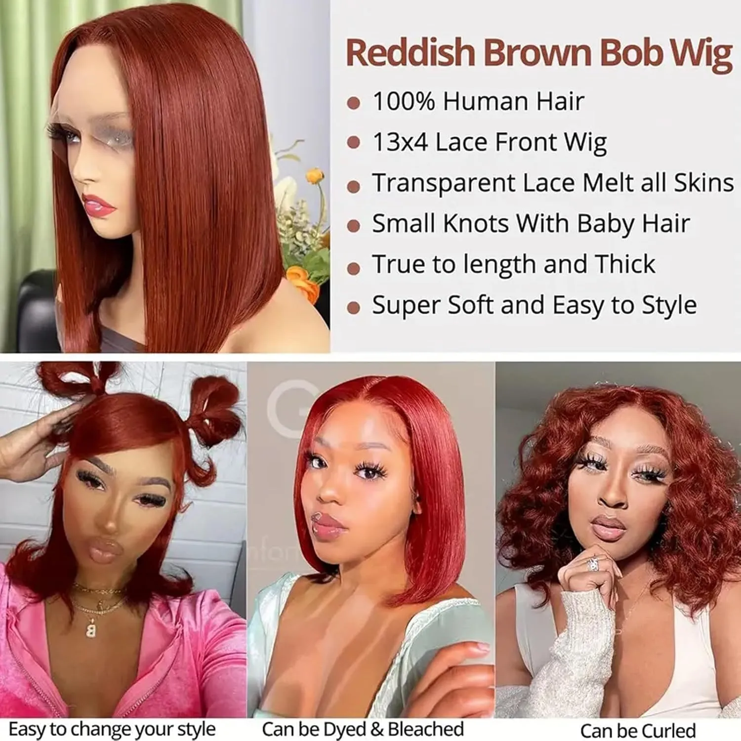 Reddish Brown Short Bob Wig Human Hair Glueless Wigs Human Hair Pre Plucked 12inch Reddish Brown Lace Front Wigs Human Hair 180% Density Straight Lace Front Bob Wig 13x4 Lace Frontal Wig Human Hair