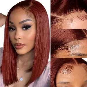 Reddish Brown Short Bob Wig Human Hair Glueless Wigs Human Hair Pre Plucked 12inch Reddish Brown Lace Front Wigs Human Hair 180% Density Straight Lace Front Bob Wig 13x4 Lace Frontal Wig Human Hair