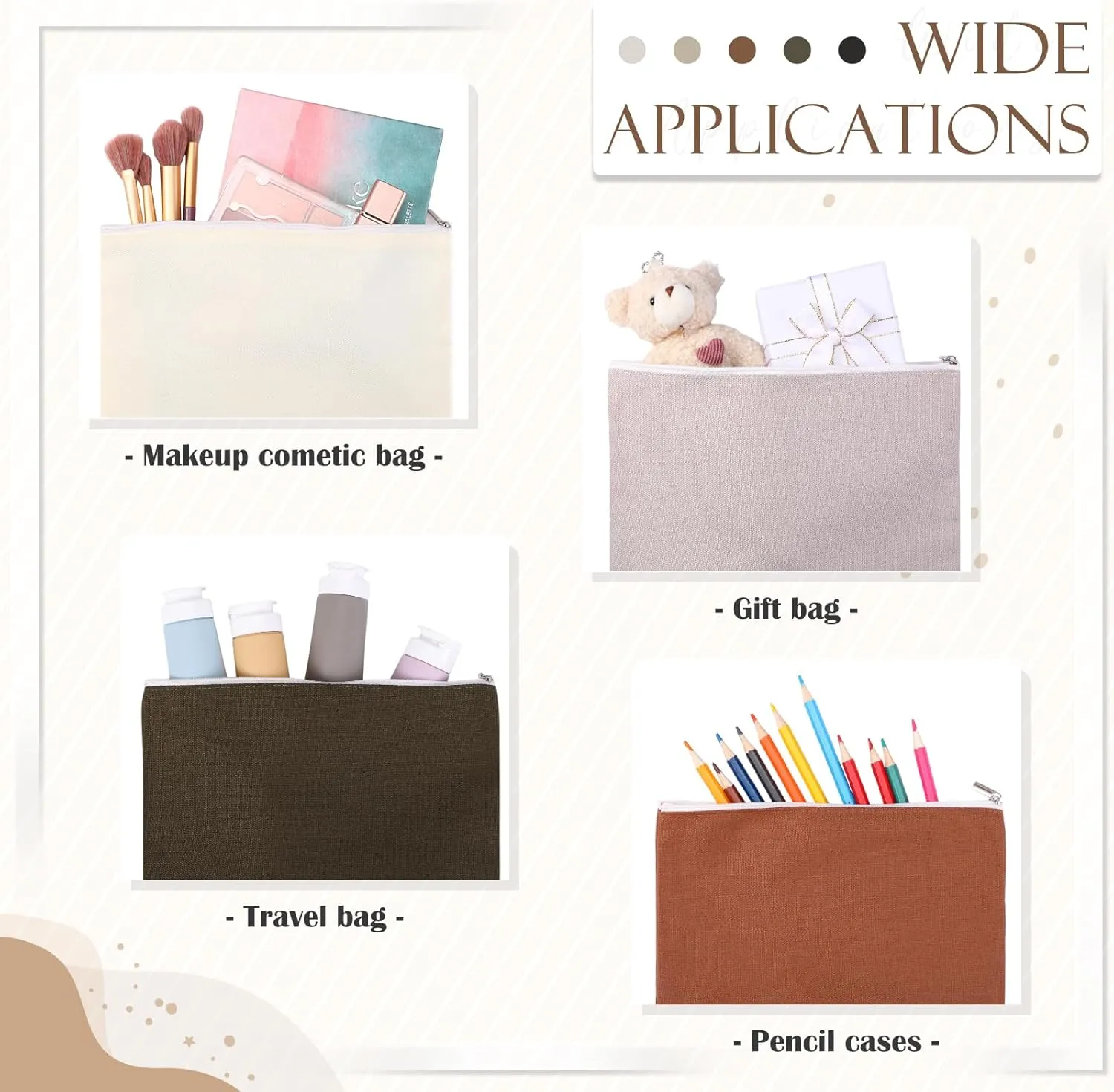 Reginary 10 Pcs Canvas Makeup Bags Bulk for Women Blank DIY Craft Pencil Pouch Multicolor Cosmetics Bag Travel Toiletry Pouch Gift for Mental Health Nurse Mother Teacher(Neutral Color)