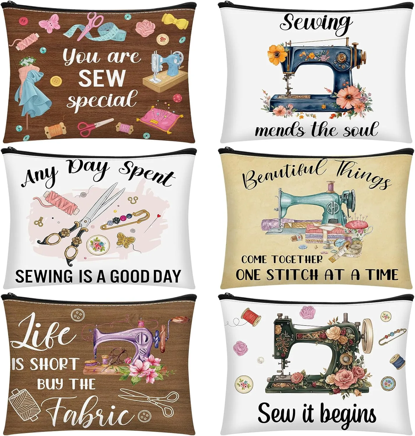 Reginary 6 Pcs Sewing Themed Makeup Bag Funny Sewing Gifts Canvas Cosmetic Pouch with Zipper Quilter Gifts for Women Quilter Enthusiast Mother's Day