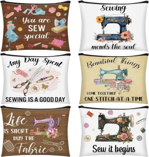 Reginary 6 Pcs Sewing Themed Makeup Bag Funny Sewing Gifts Canvas Cosmetic Pouch with Zipper Quilter Gifts for Women Quilter Enthusiast Mother's Day