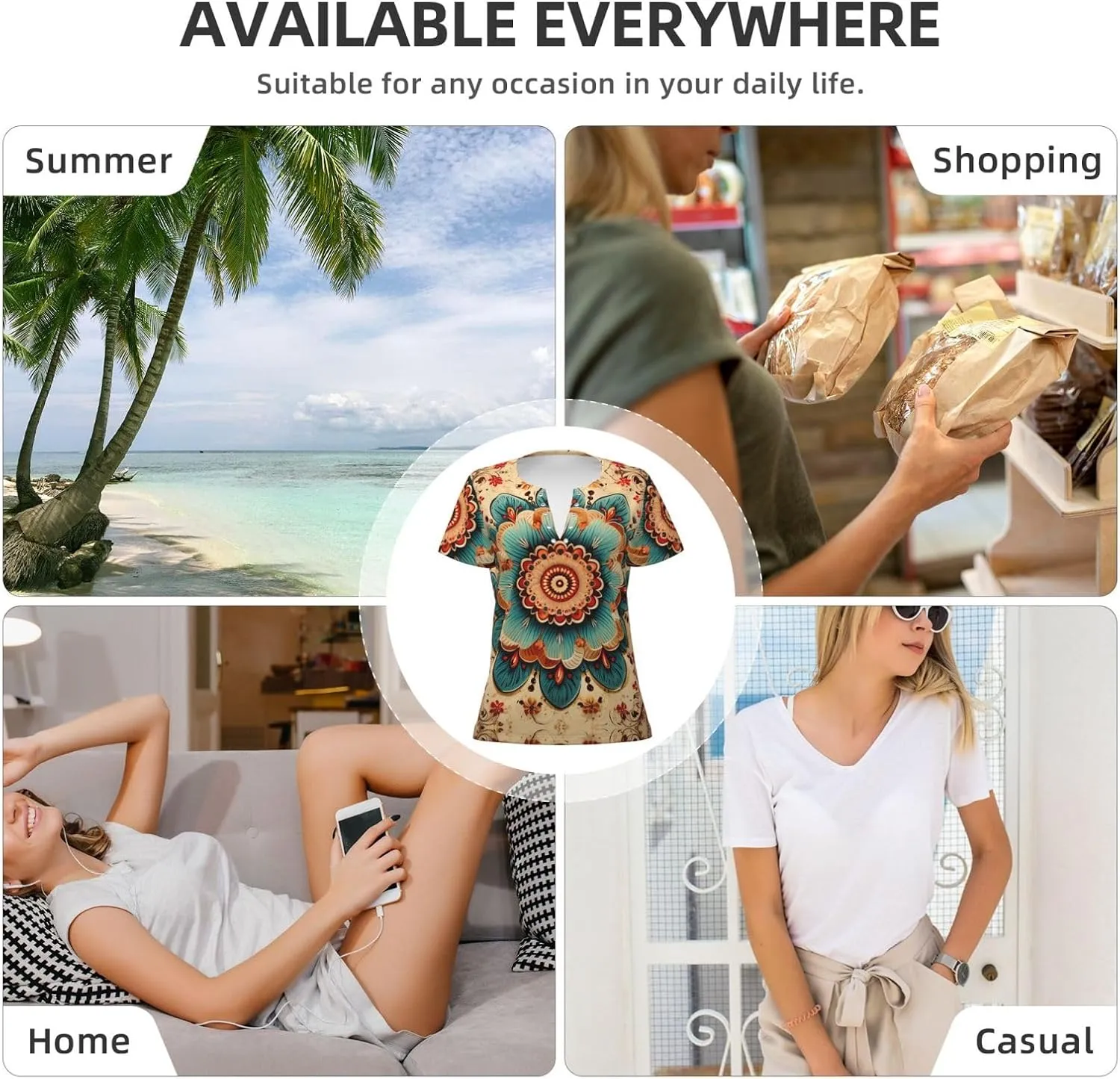 Reika Pattern Sexy V-Neck Printed Short T-Shirt, Travel Portable Fitness Clothes, Home and Outdoor wear