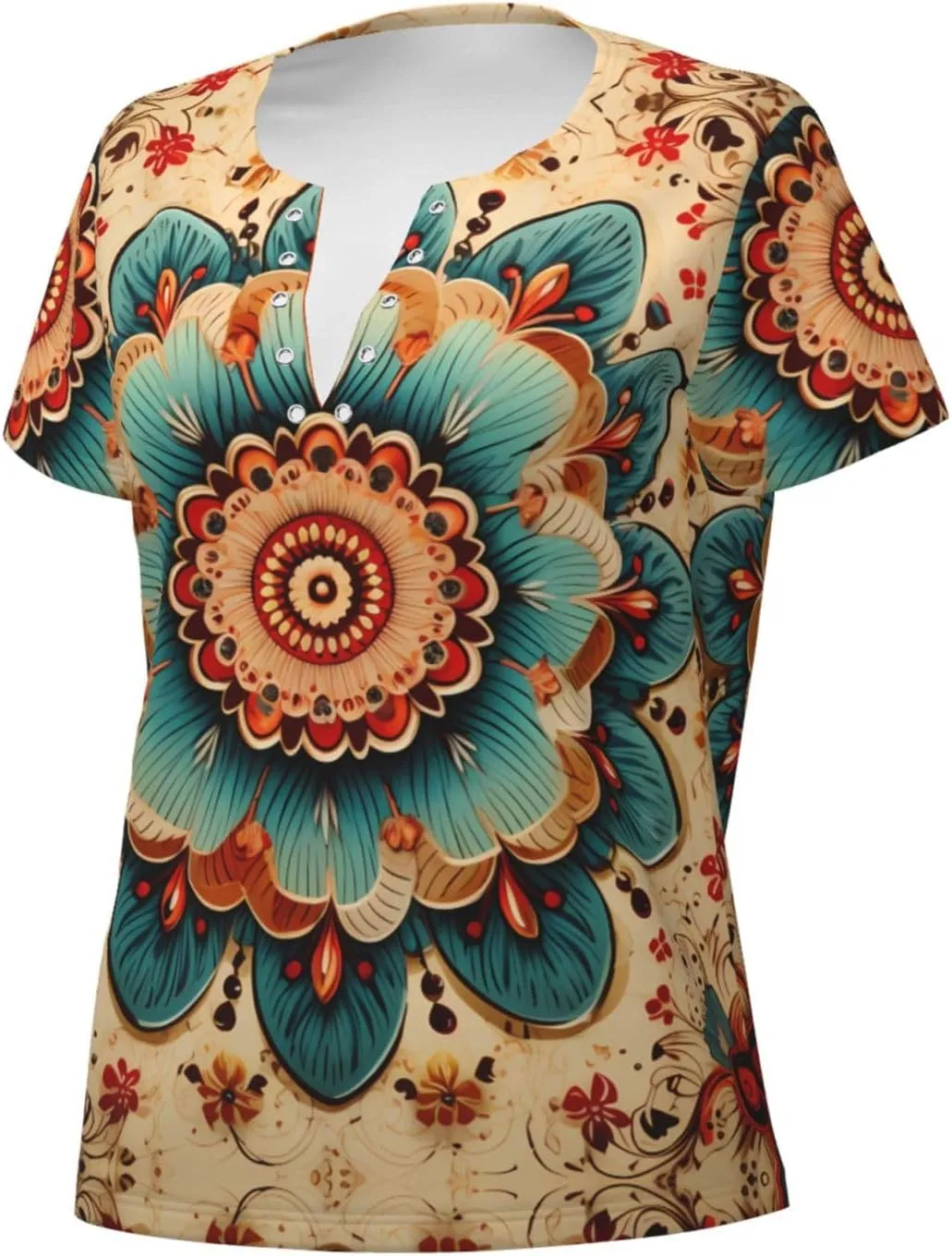Reika Pattern Sexy V-Neck Printed Short T-Shirt, Travel Portable Fitness Clothes, Home and Outdoor wear