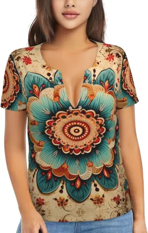 Reika Pattern Sexy V-Neck Printed Short T-Shirt, Travel Portable Fitness Clothes, Home and Outdoor wear