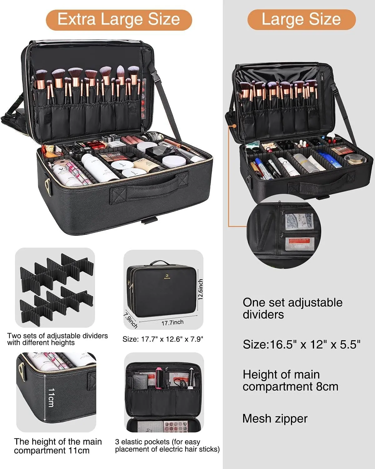 Relavel Extra Large Makeup Case Travel Makeup Bag Professional Leather Artist Bag Portable Cosmetic Brush Holder Organizer Nail Organizer Box with Adjustable Dividers
