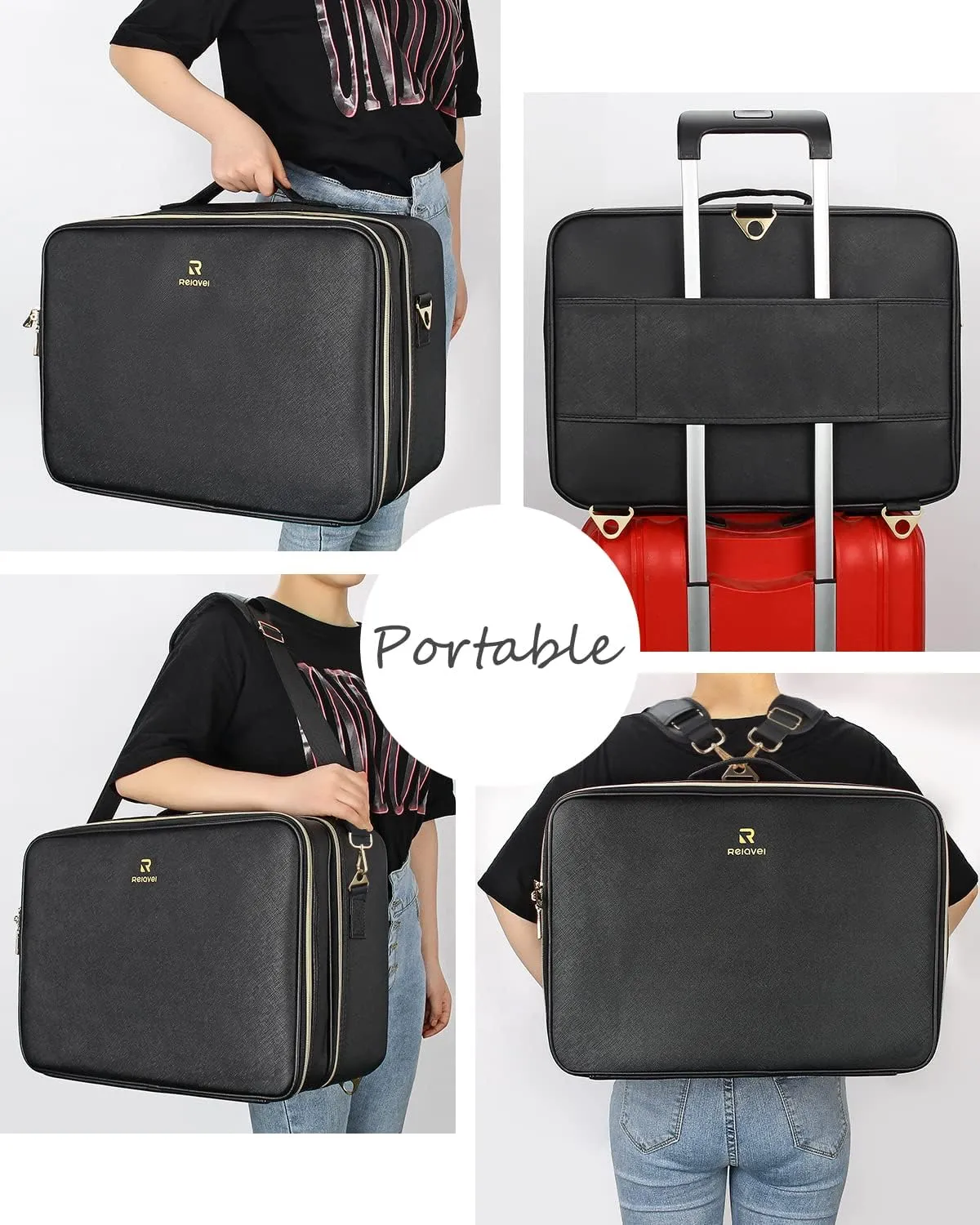 Relavel Extra Large Makeup Case Travel Makeup Bag Professional Leather Artist Bag Portable Cosmetic Brush Holder Organizer Nail Organizer Box with Adjustable Dividers