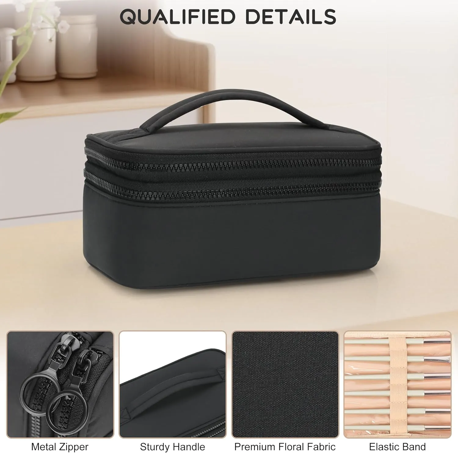 Relavel Makeup Bag Small for Women, Portable Cute Travel Cosmetic Bag, 2-Layers Design with Makeup Brush Compartment for Girls, Preppy Make Up Organizer for Travel Essentials Toiletries, Black