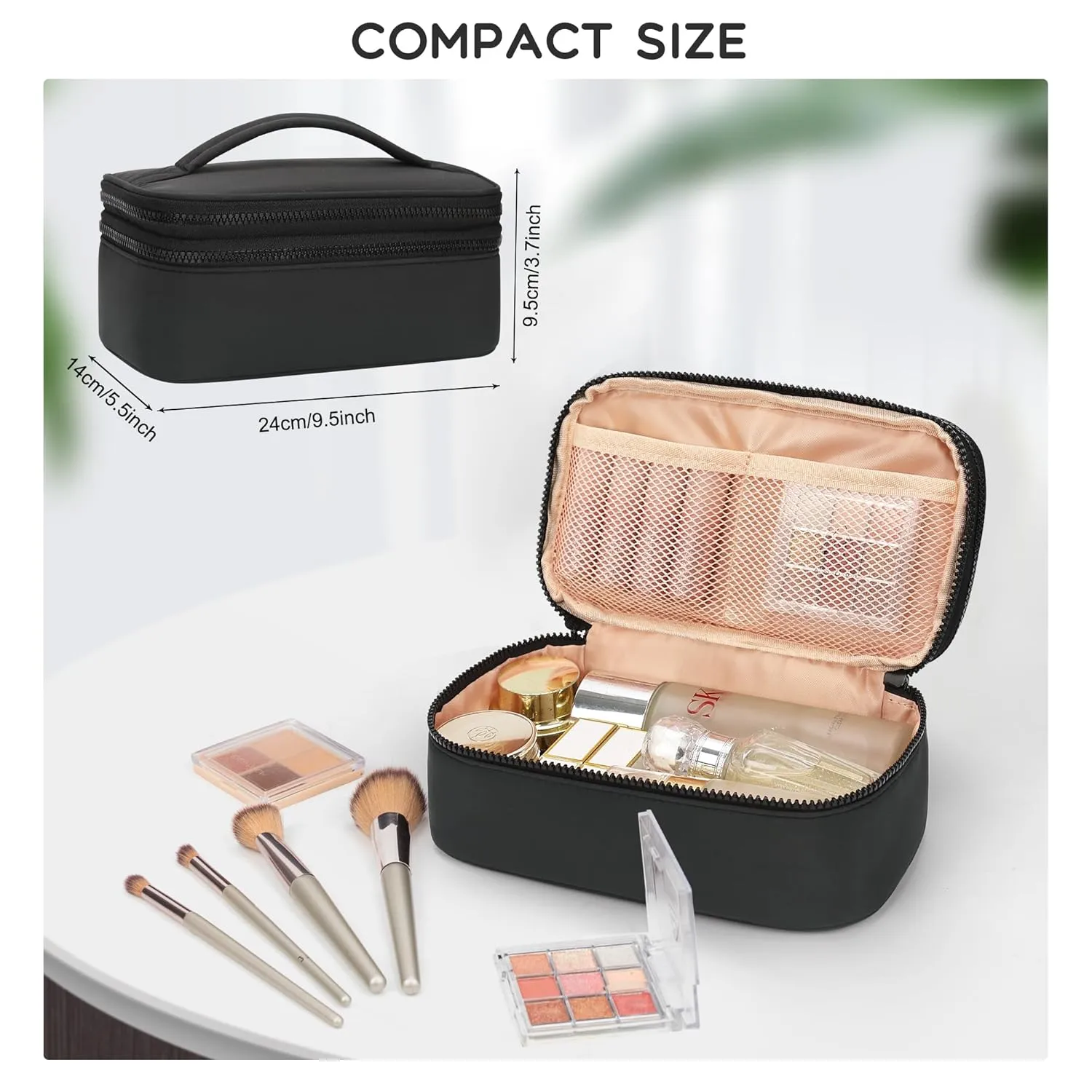 Relavel Makeup Bag Small for Women, Portable Cute Travel Cosmetic Bag, 2-Layers Design with Makeup Brush Compartment for Girls, Preppy Make Up Organizer for Travel Essentials Toiletries, Black