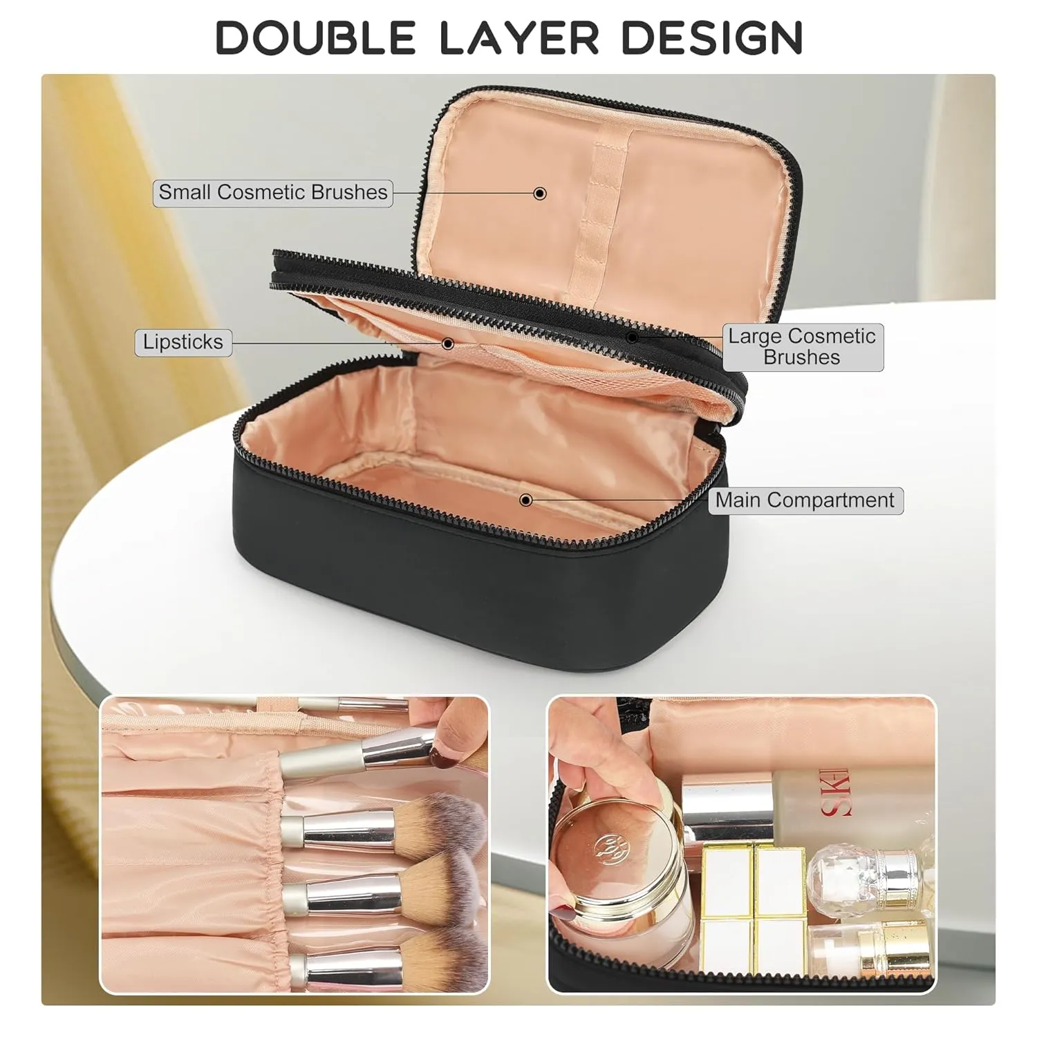 Relavel Makeup Bag Small for Women, Portable Cute Travel Cosmetic Bag, 2-Layers Design with Makeup Brush Compartment for Girls, Preppy Make Up Organizer for Travel Essentials Toiletries, Black