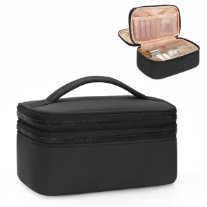 Relavel Makeup Bag Small for Women, Portable Cute Travel Cosmetic Bag, 2-Layers Design with Makeup Brush Compartment for Girls, Preppy Make Up Organizer for Travel Essentials Toiletries, Black