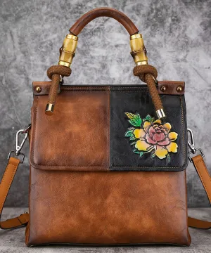 Retro Brown Embossed Large Capacity Faux Leather Tote Handbag