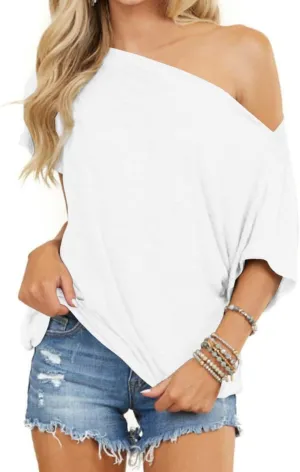 REVETRO Womens Sexy Off The Shoulder Tops Summer Short Batwing Sleeve Loose T-Shirts