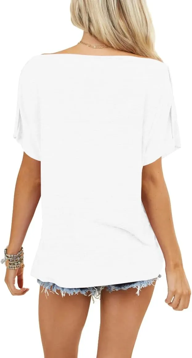 REVETRO Womens Sexy Off The Shoulder Tops Summer Short Batwing Sleeve Loose T-Shirts