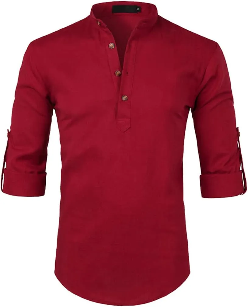 Rfmfkkg Men's Cotton Linen Shirt Casual Henley Shirt Solid Roll-Up T-Shirt Sleeve Button Solid Dress Shirts