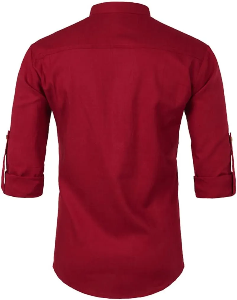 Rfmfkkg Men's Cotton Linen Shirt Casual Henley Shirt Solid Roll-Up T-Shirt Sleeve Button Solid Dress Shirts