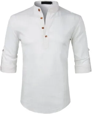 Rfmfkkg Men's Cotton Linen Shirt Casual Henley Shirt Solid Roll-Up T-Shirt Sleeve Button Solid Dress Shirts