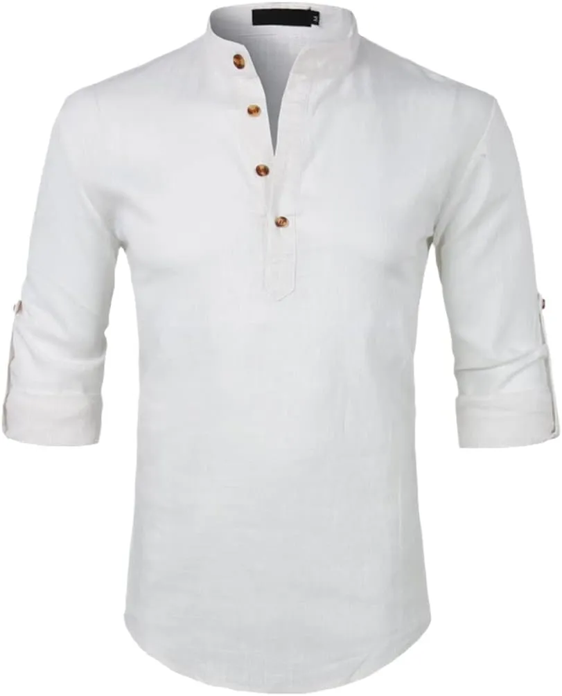 Rfmfkkg Men's Cotton Linen Shirt Casual Henley Shirt Solid Roll-Up T-Shirt Sleeve Button Solid Dress Shirts