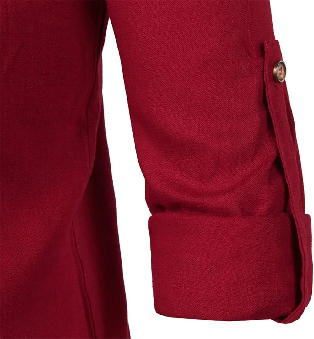 Rfmfkkg Men's Cotton Linen Shirt Casual Henley Shirt Solid Roll-Up T-Shirt Sleeve Button Solid Dress Shirts