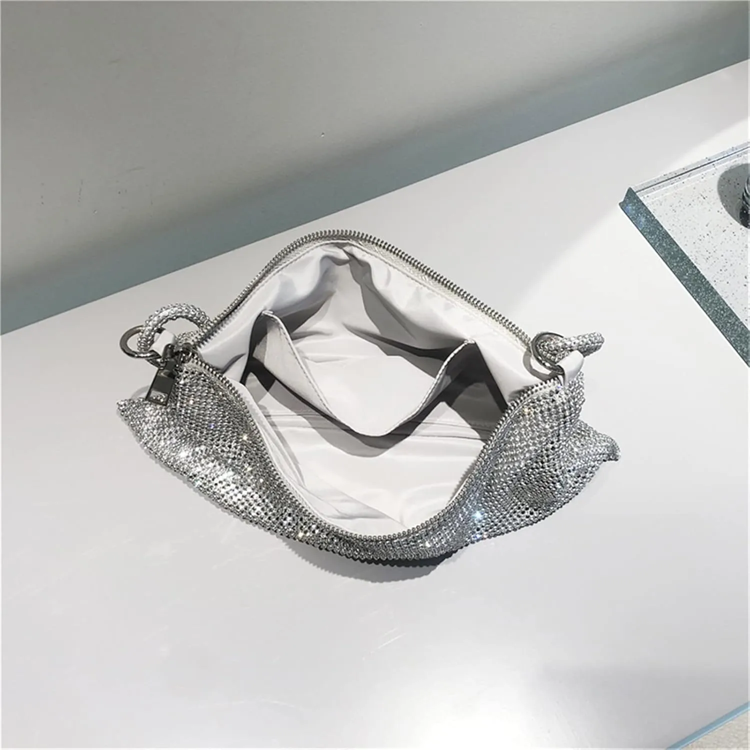 Rhinestone Hobo Bag For Women Chic Sparkly Evening Handbag Shiny Silver Clutch Bling Purse For Party Club Wedding
