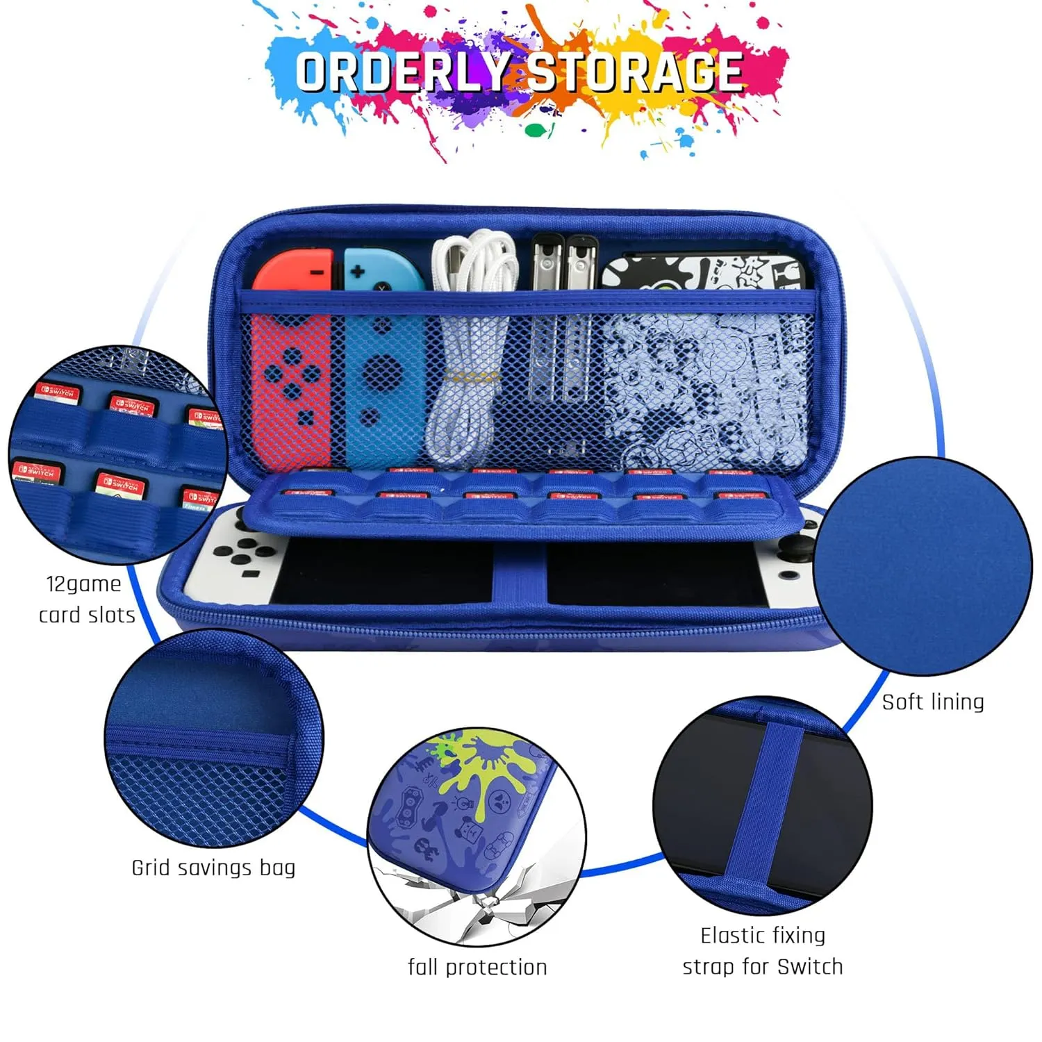 RHOTALL Blue Carrying Case for Nintendo Switch & Switch OLED Cover for splatoon 3, Hard Portable Travel bag for Switch Game Accessories Bundle Kit with Game Case and 2 Thumb Caps - for boys girls