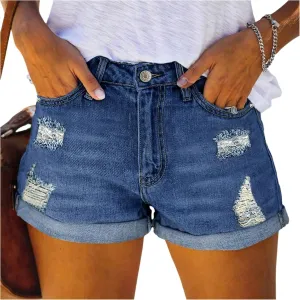 Ripped Jean Shorts Womens High Waisted Stretchy Distressed Denim Shorts Frayed Hem Cut Off Jeans Short with Pockets