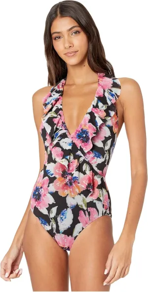 Riviera Blooms Mesh Surpice Halter One-Piece Black Multi 4