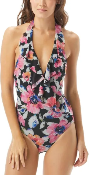 Riviera Blooms Mesh Surpice Halter One-Piece Black Multi 6
