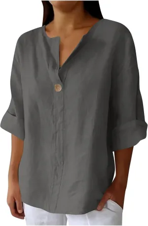 Roll Up 3/4 Sleeve Shirts for Women Cotton Linen Casual Button V Neck Summer Tops Trendy Loose Fit Plus Size Blouses