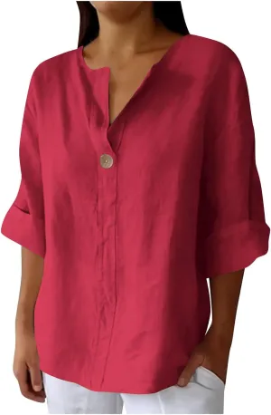 Roll Up 3/4 Sleeve Shirts for Women Cotton Linen Casual Button V Neck Summer Tops Trendy Loose Fit Plus Size Blouses